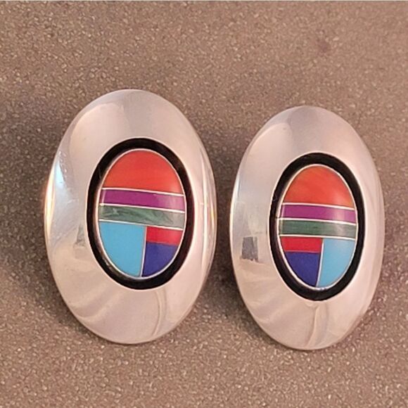 Navajo Willie Saiz Inlaid Multi-Stone Sterling Large Oval Post Earrings - Picture 3 of 6
